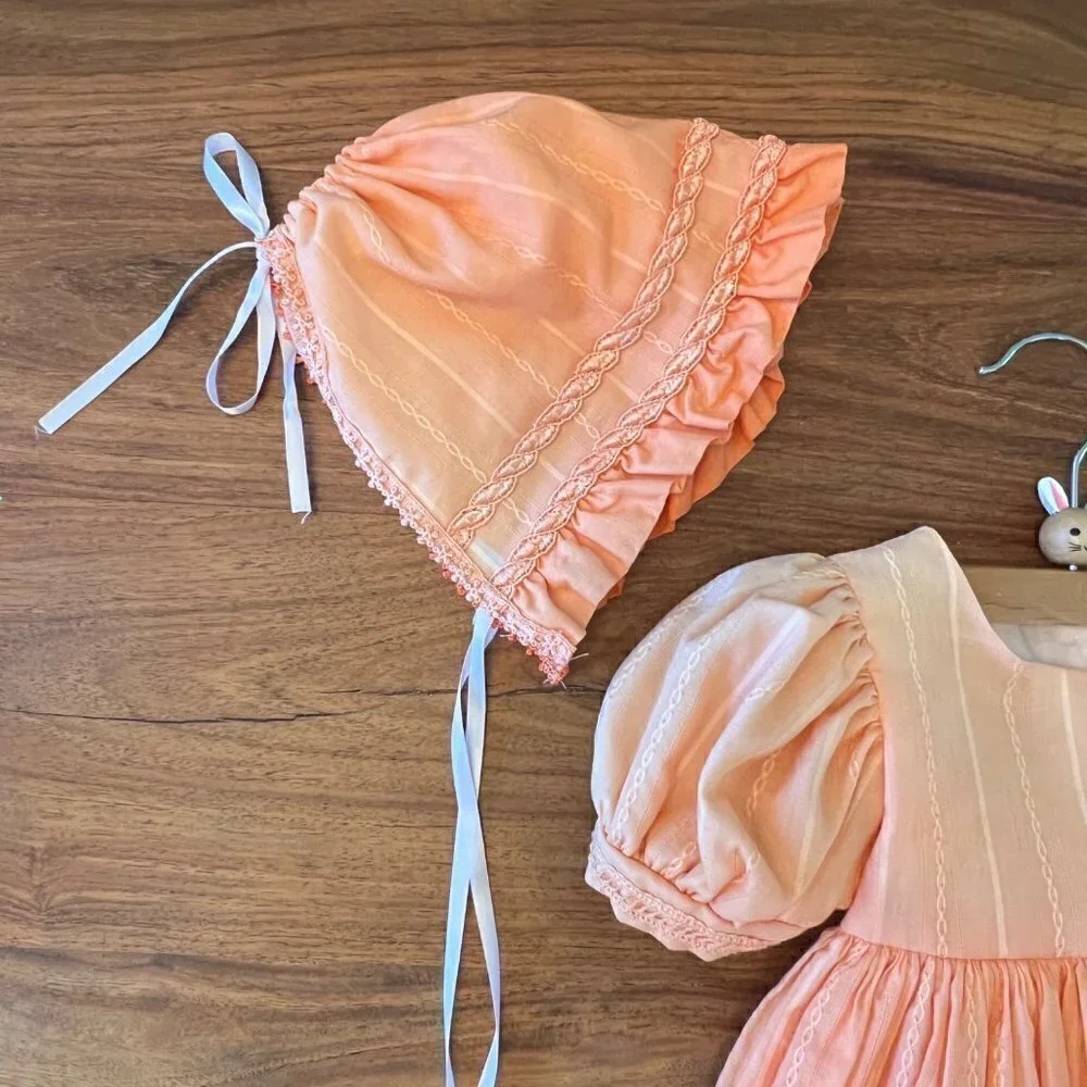 Custom Dyed Orange Ombre Dress with Wide Sash & Twisted Trim Bonnet